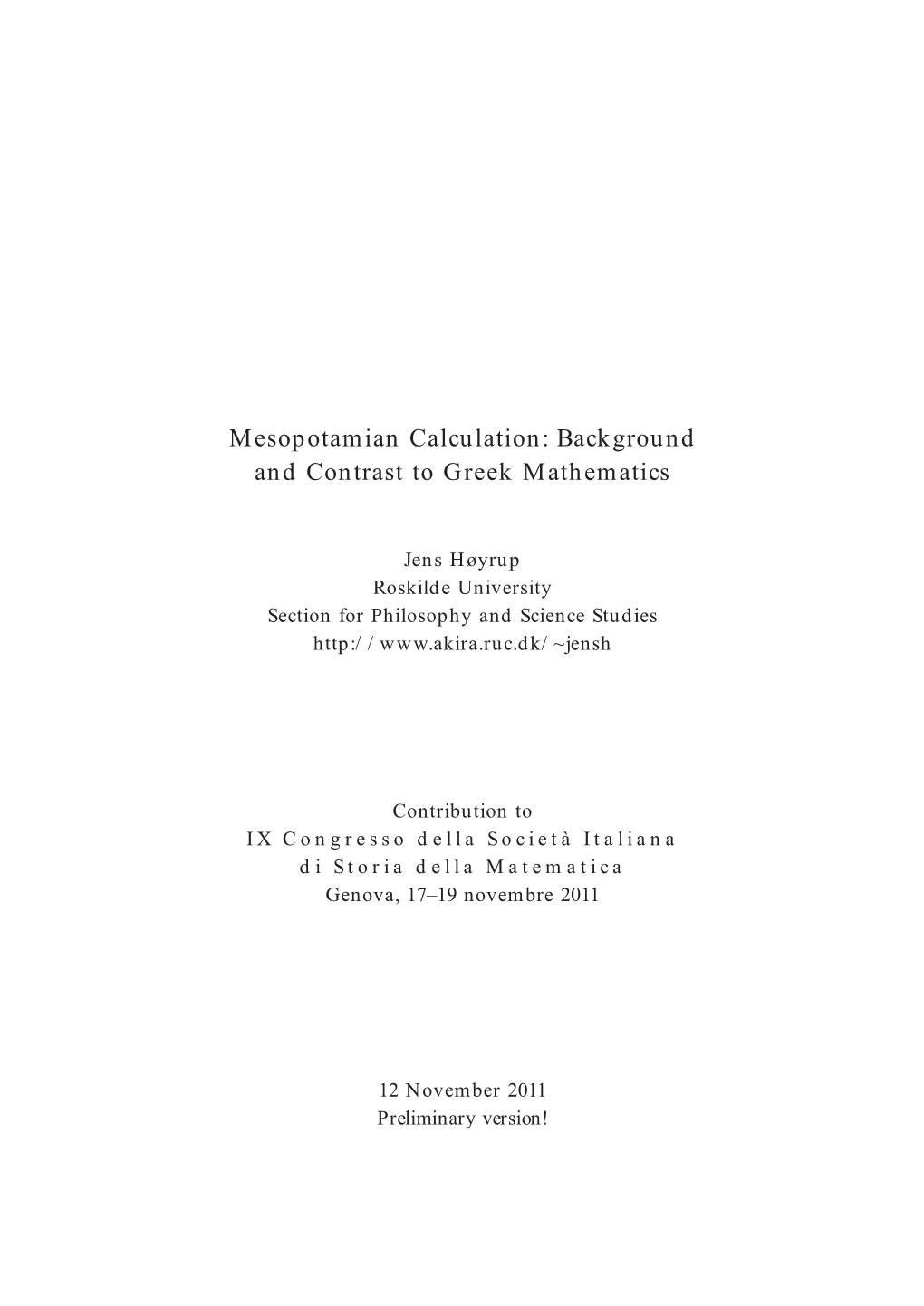 Hoyrup 2011 K 03 Mesopotamian Calculation Background And