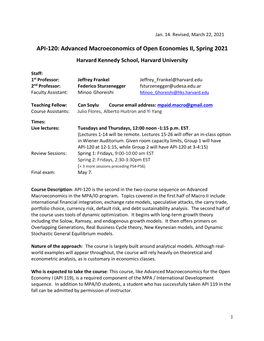 API-120: Advanced Macroeconomics of Open Economies II, Spring 2021