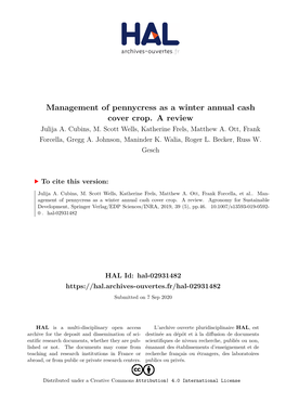 Management of Pennycress As a Winter Annual Cash Cover Crop. a Review Julija A