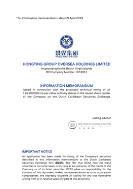 HONGTING GROUP OVERSEA HOLDINGS LIMITED Incorporated in the British Virgin Islands BVI Company Number 1953012