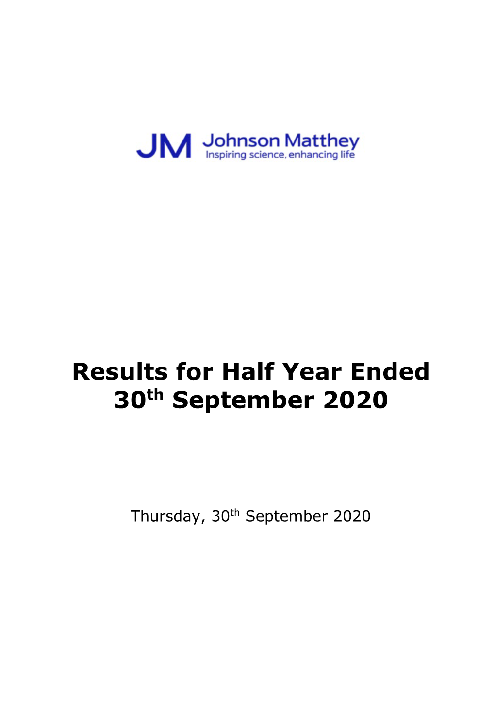 Results for Half Year Ended 30Th September 2020