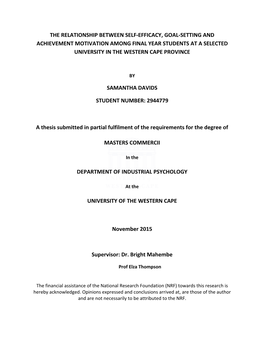 The Relationship Between Self-Efficacy, Goal-Setting and Achievement Motivation Among Final Year Students at a Selected University in the Western