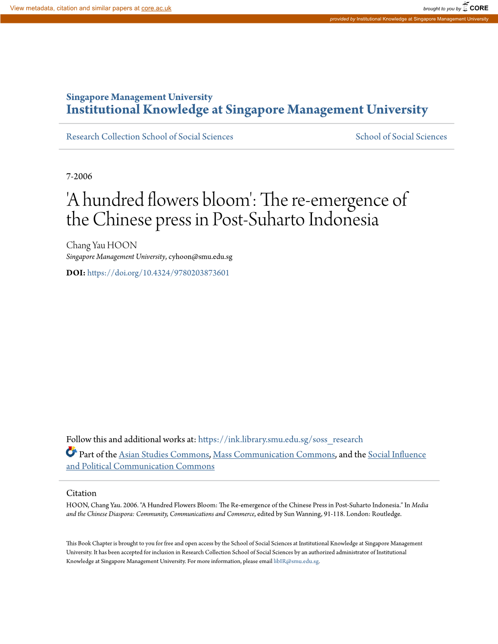 The Re-Emergence of the Chinese Press in Post-Suharto Indonesia