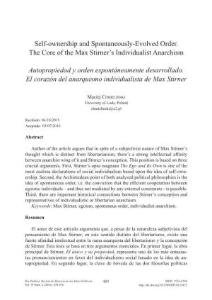 Self-Ownership and Spontaneously-Evolved Order. the Core of the Max Stirner’S Individualist Anarchism