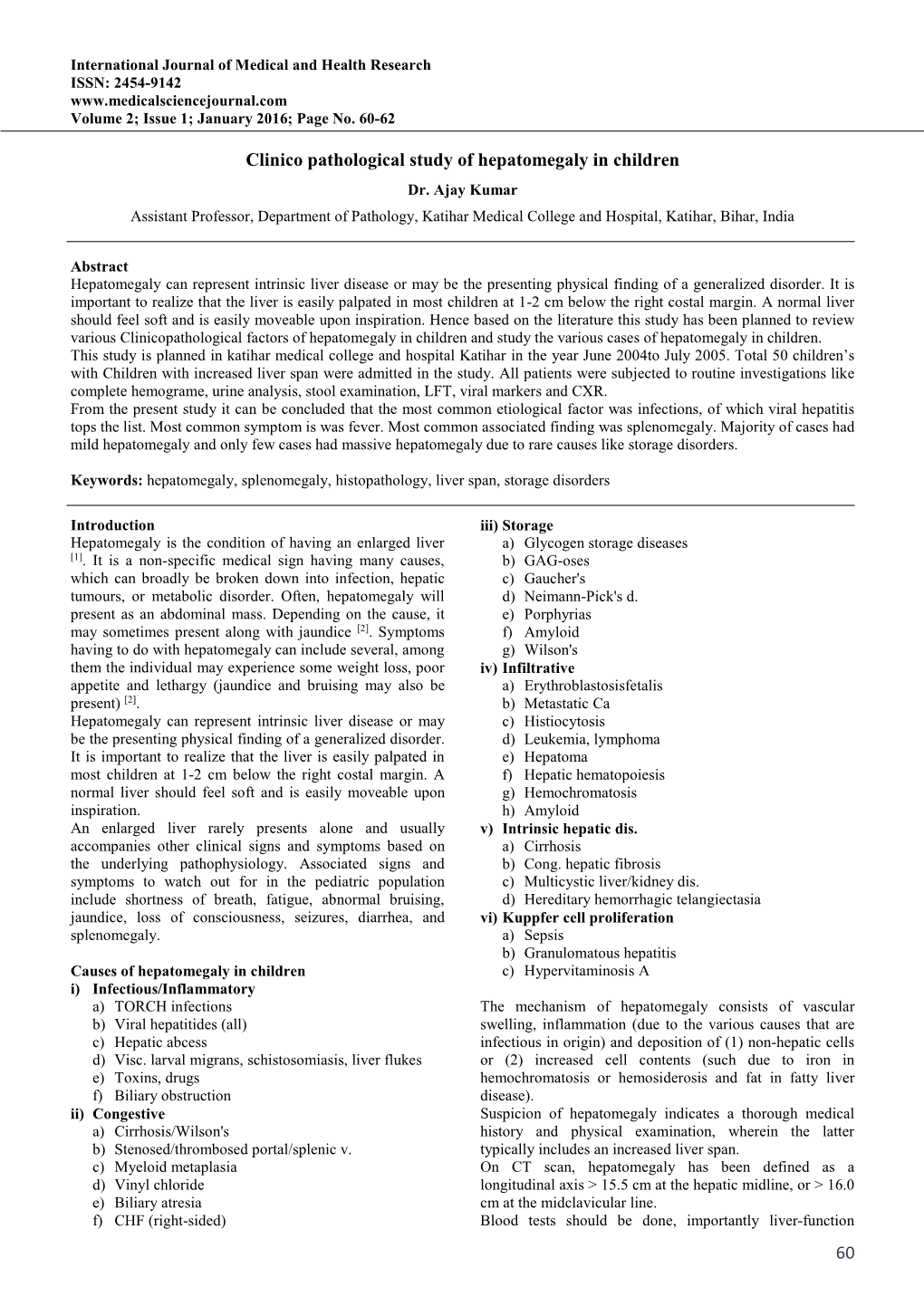 60 Clinico Pathological Study of Hepatomegaly in Children