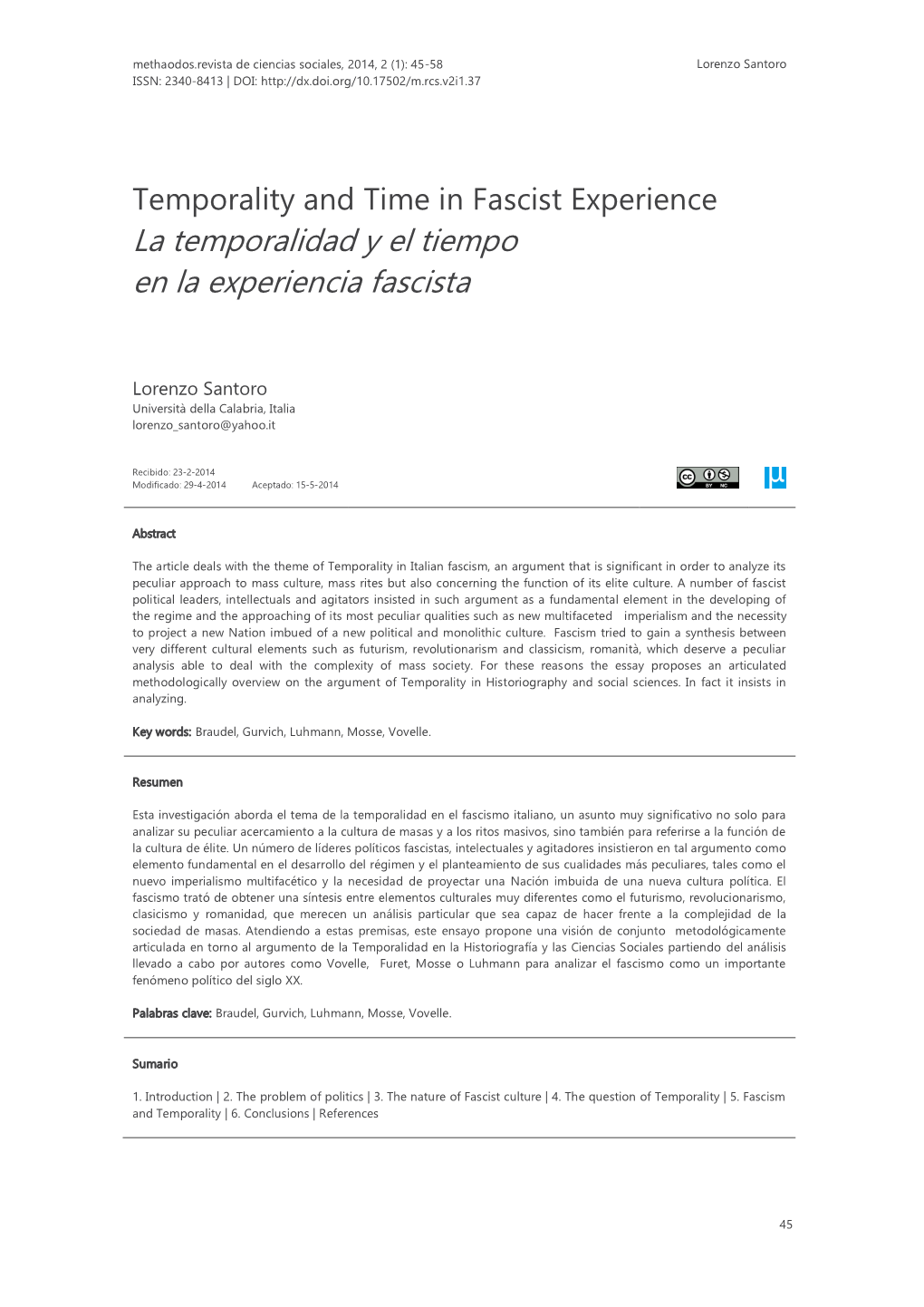 Temporality and Time in Fascist Experience La Temporalidad Y El Tiempo En La Experiencia Fascista