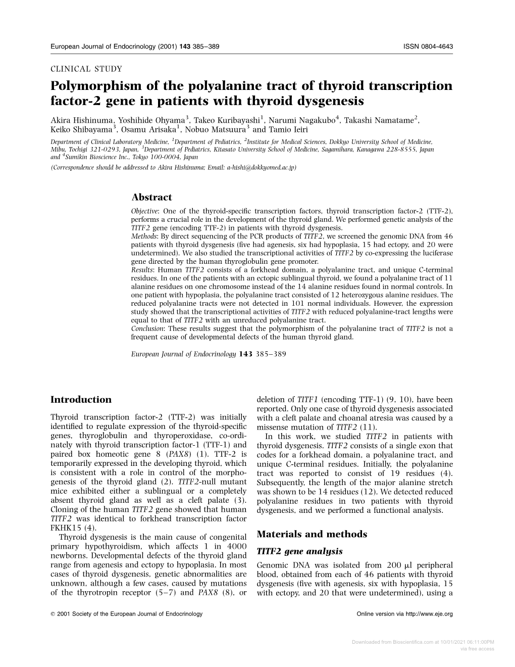 Polymorphism of the Polyalanine Tract of Thyroid Transcription Factor-2 Gene