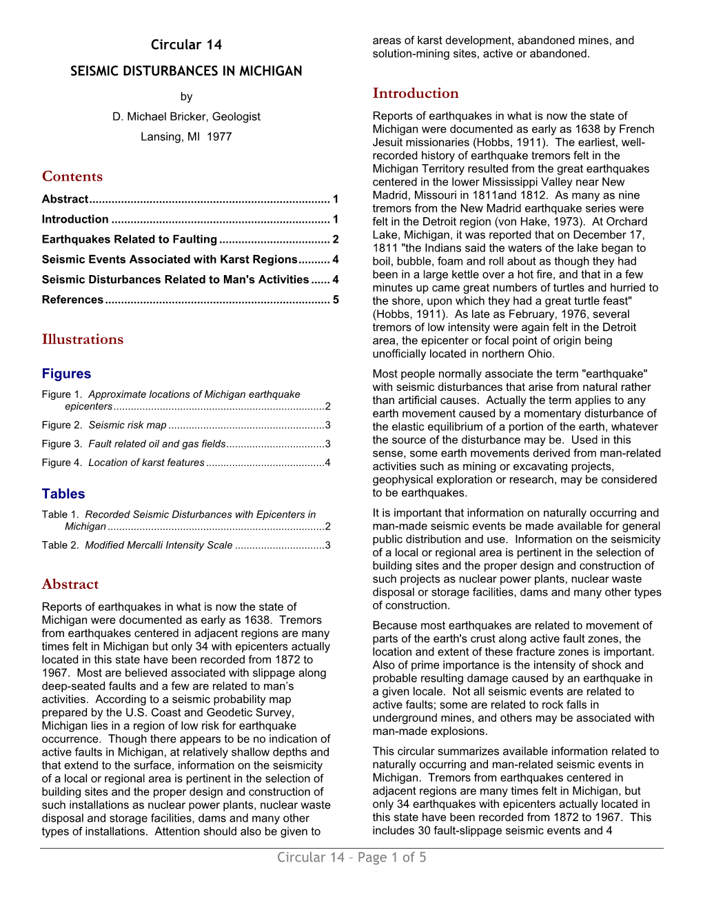 Circular 14 SEISMIC DISTURBANCES in MICHIGAN