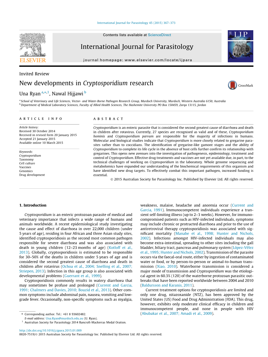 New Developments in Cryptosporidium Research