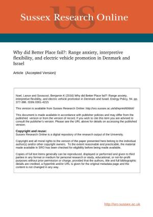 Why Did Better Place Fail?: Range Anxiety, Interpretive Flexibility, and Electric Vehicle Promotion in Denmark and Israel
