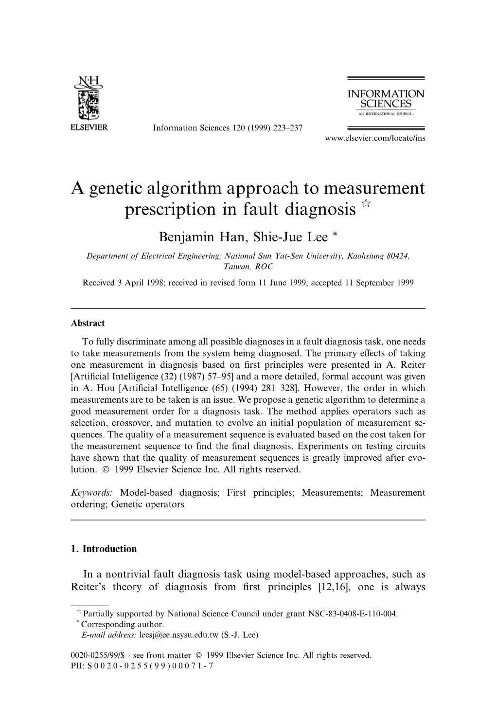 A Genetic Algorithm Approach to Measurement Prescription in Fault Diagnosis Q