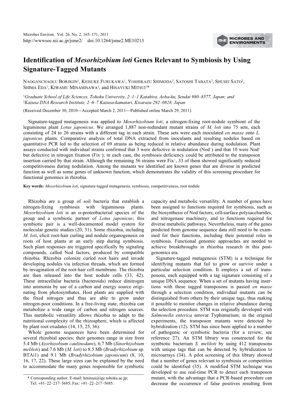 Identification of Mesorhizobium Loti Genes Relevant to Symbiosis by Using Signature-Tagged Mutants