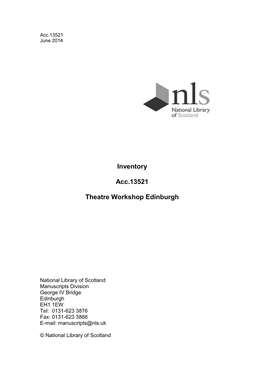 Inventory Acc.13521 Theatre Workshop Edinburgh