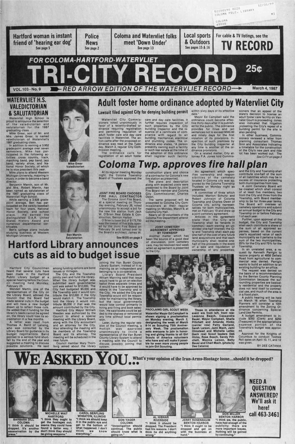 TV RECORD for COLOMA-HARTFORD- WATERVLIET TRI-CITY RECORD 25C VOL.103 • No