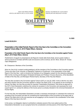 Presentation of the Initial Periodic Report of the Holy See to the Committee on the Convention Against Torture (May 5, 2014 Palais Wilson, Geneva)