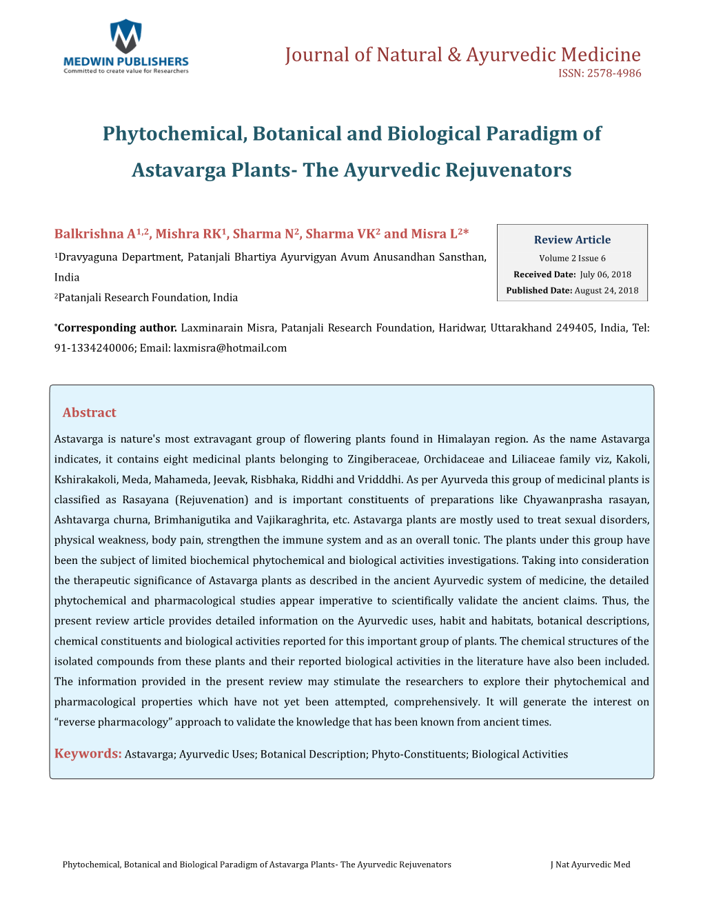 Phytochemical, Botanical and Biological Paradigm of Astavarga Plants- the Ayurvedic Rejuvenators