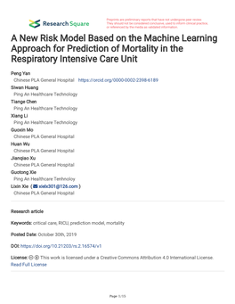 A New Risk Model Based on the Machine Learning Approach for Prediction of Mortality in the Respiratory Intensive Care Unit
