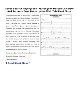 Seven Seas of Rhye Queen I Queen John Deacon Complete and Accurate Bass Transcription Whit Tab Sheet Music