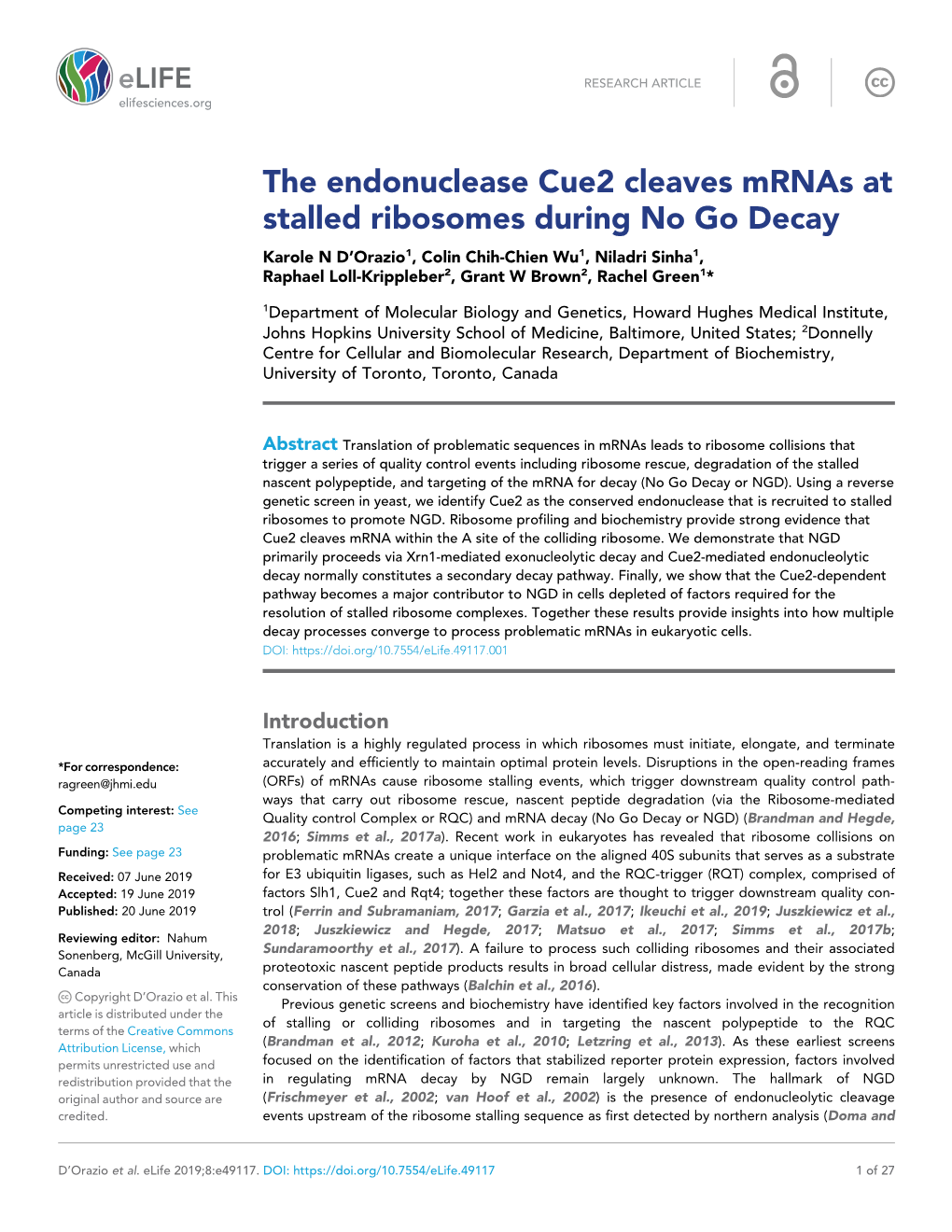 The Endonuclease Cue2 Cleaves Mrnas at Stalled Ribosomes During