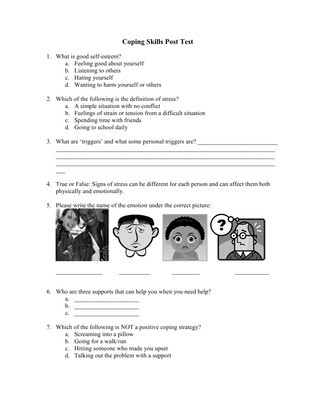 Coping Skills Pre & Post Test