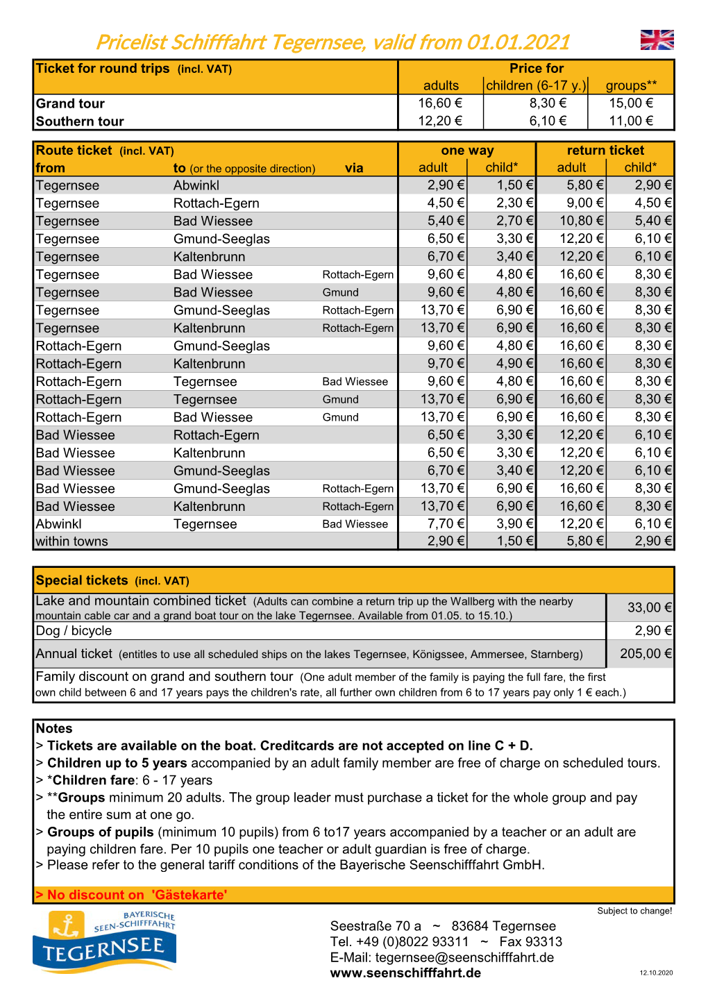 Pricelist Schifffahrt Tegernsee, Valid from 01.01.2021 Ticket for Round Trips (Incl