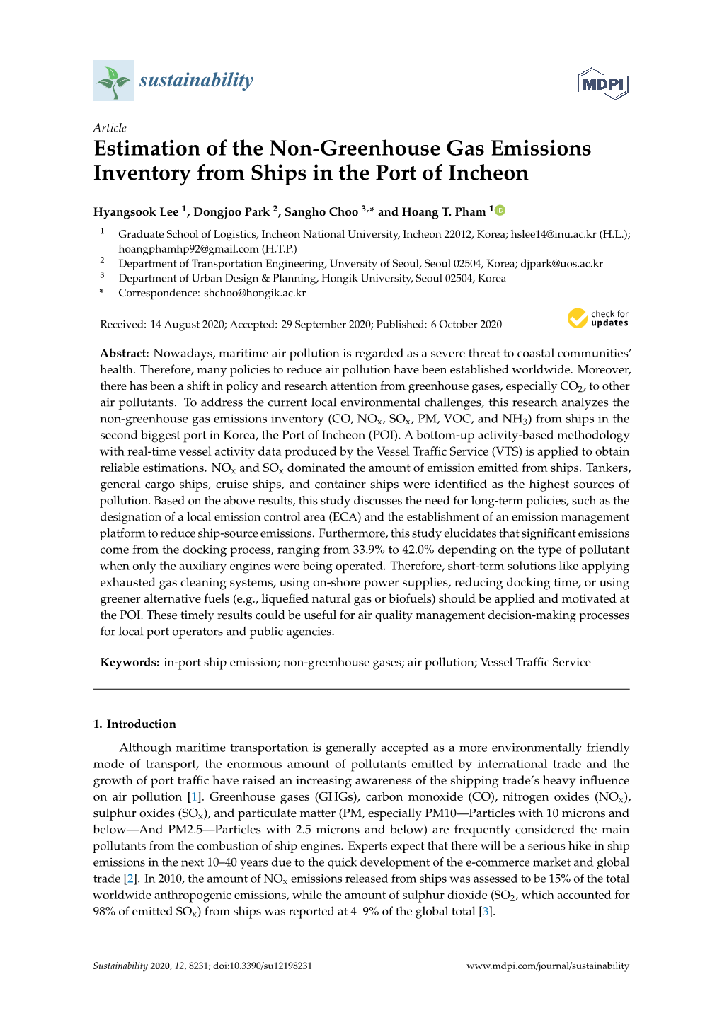 Estimation of the Non-Greenhouse Gas Emissions Inventory from Ships in the Port of Incheon