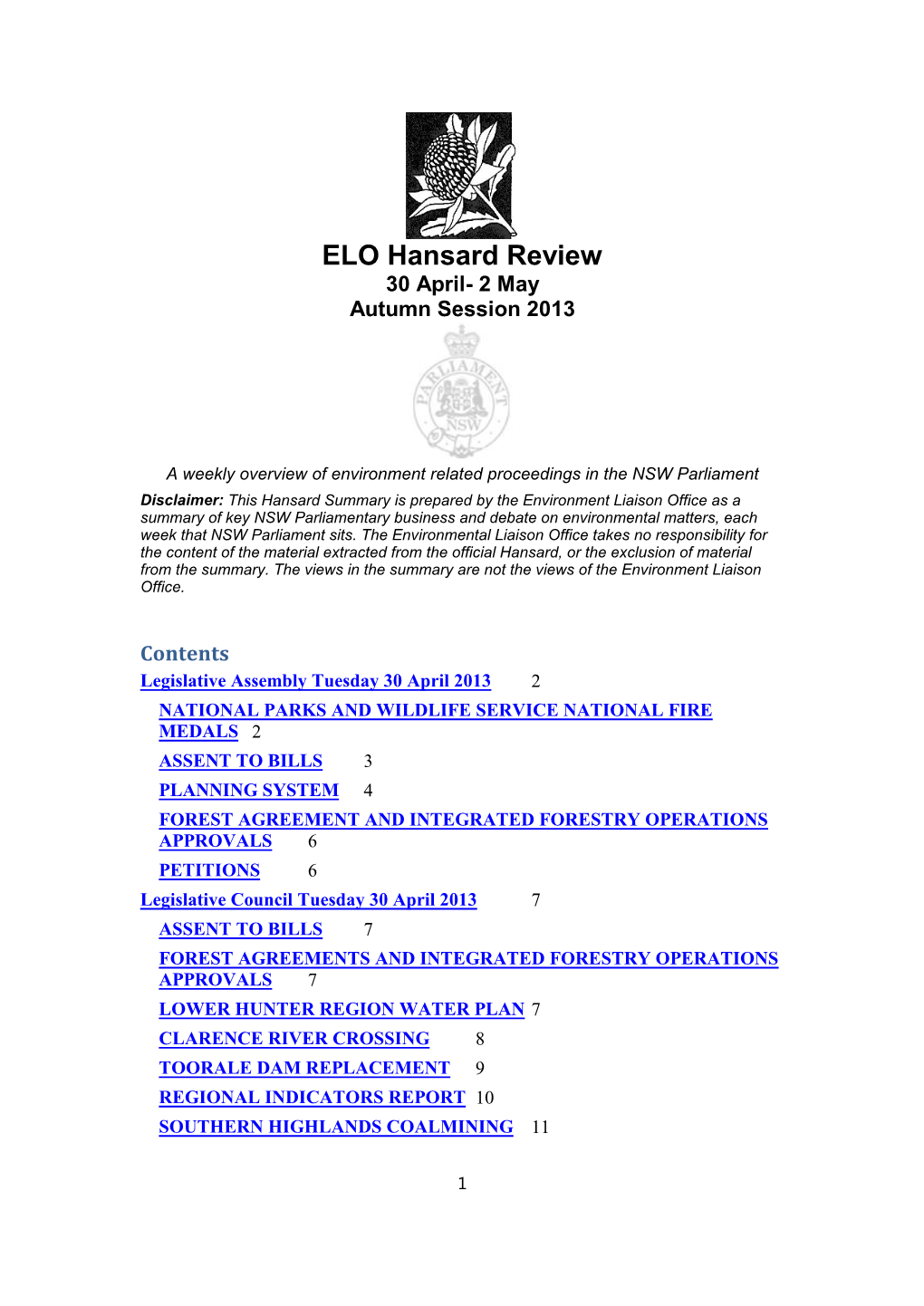 ELO Hansard Review 30 April- 2 May Autumn Session 2013