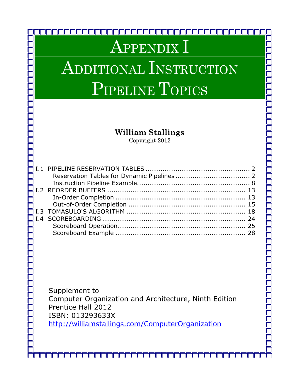 Appendix I Additional Instruction Pipeline Topics