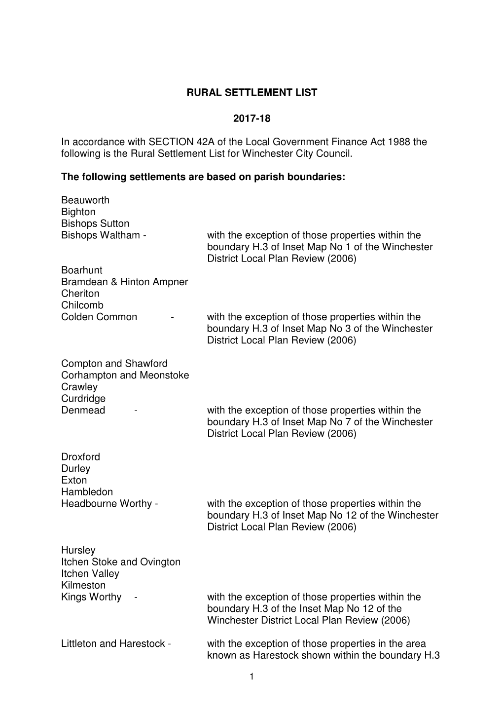 RURAL SETTLEMENT LIST 2017-18 in Accordance with SECTION 42A