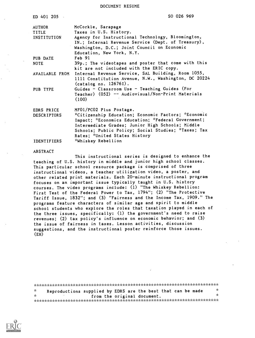 DOCUMENT RESUME Mccorkle, Sarapage Agency for Instructional Technology, Bloomington, Washington, D.C.; Joint Council on Economic