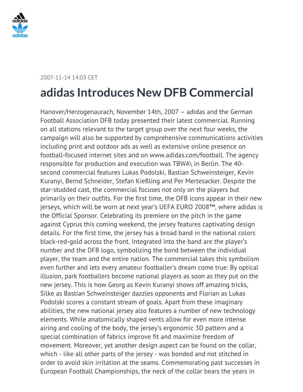 Adidas Introduces New DFB Commercial