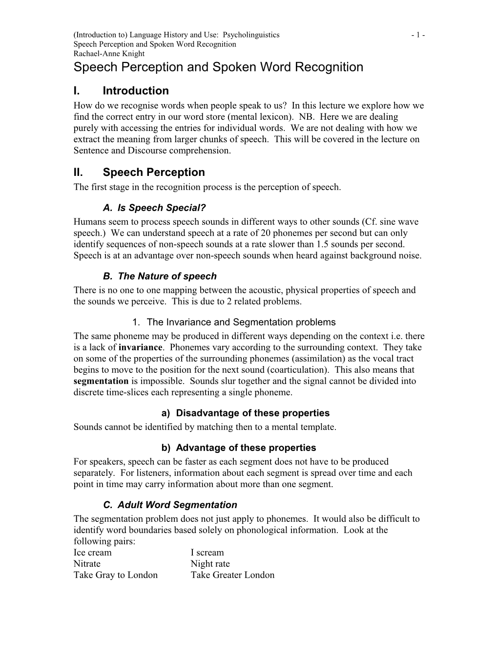 Speech Perception And Spoken Word Recognition