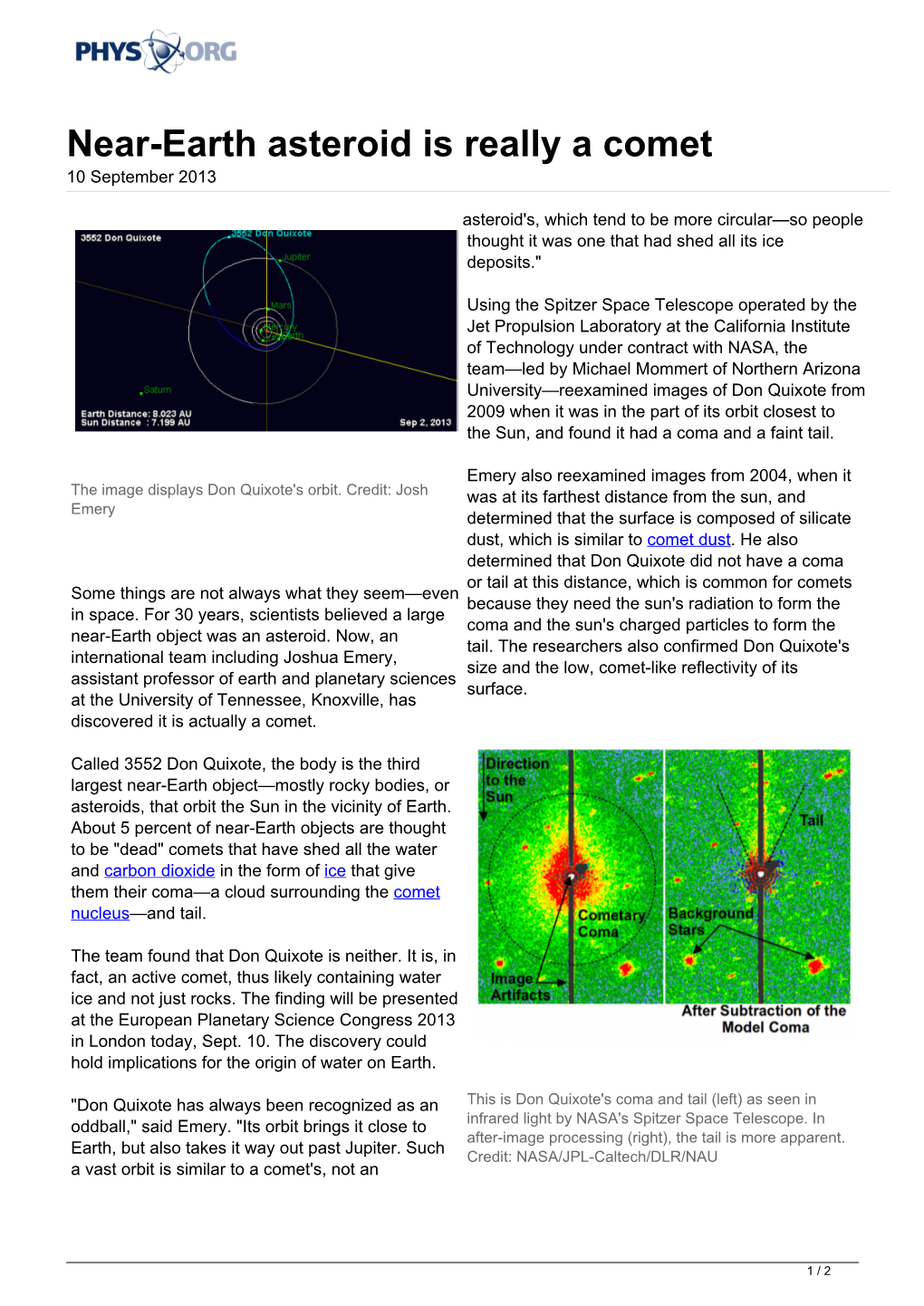 Near-Earth Asteroid Is Really a Comet 10 September 2013