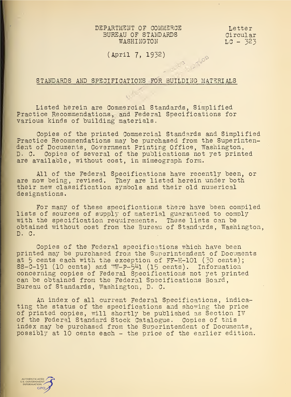 Letter Circular 323: Standards and Specifications for Building Materials