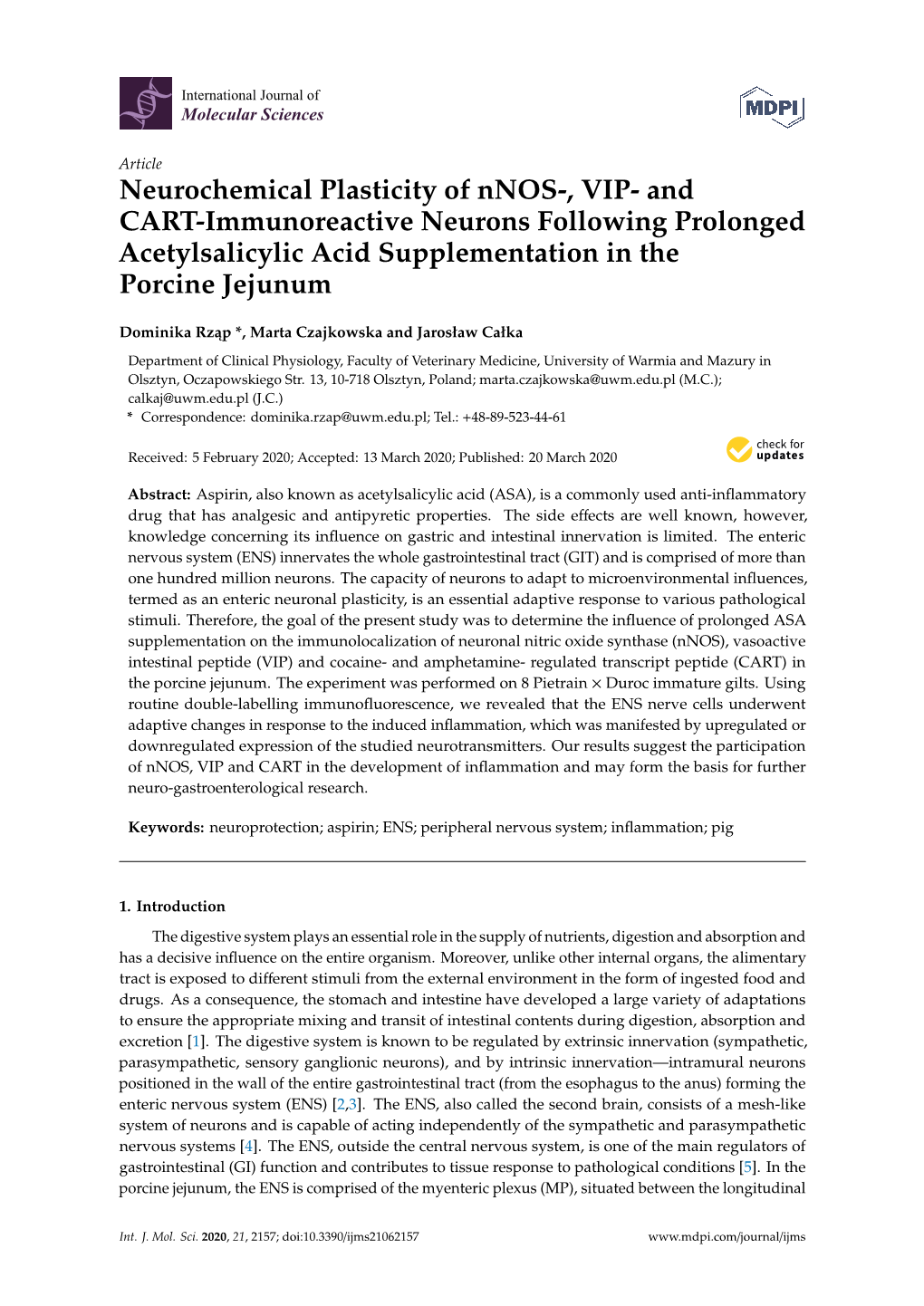 Neurochemical Plasticity of Nnos-, VIP- and CART-Immunoreactive Neurons Following Prolonged Acetylsalicylic Acid Supplementation in the Porcine Jejunum