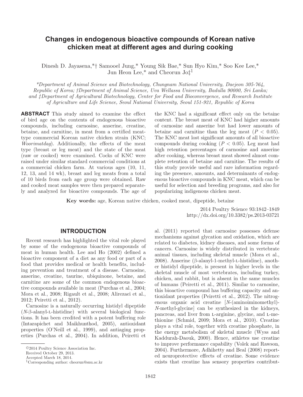 Changes in Endogenous Bioactive Compounds of Korean Native Chicken Meat at Different Ages and During Cooking