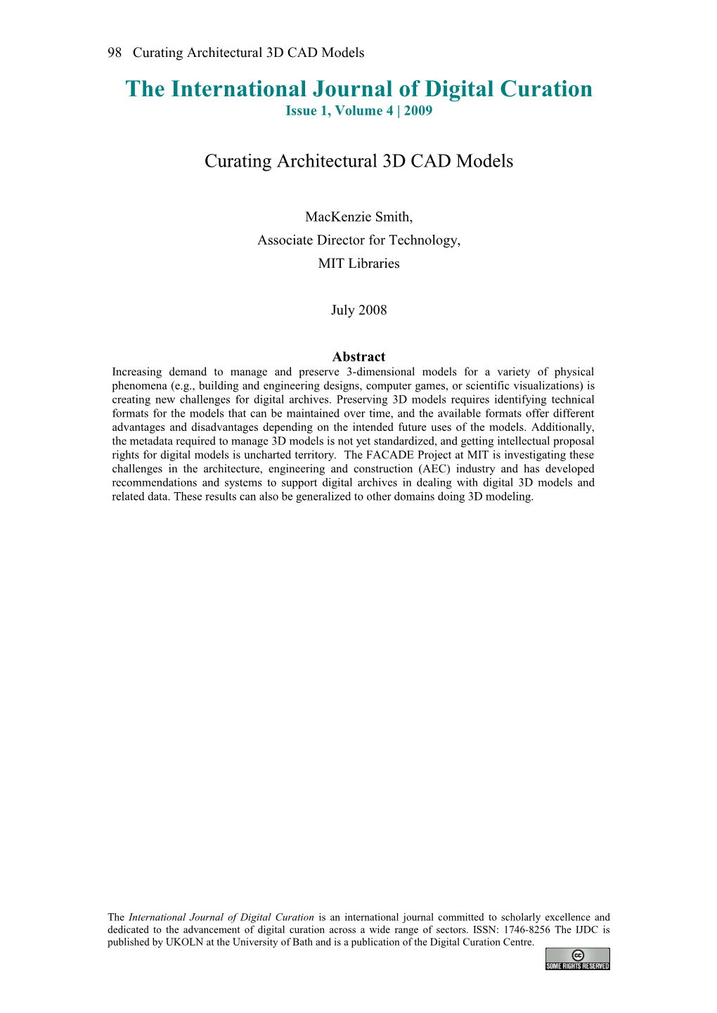 Curating Architectural 3D CAD Models the International Journal of Digital Curation Issue 1, Volume 4 | 2009