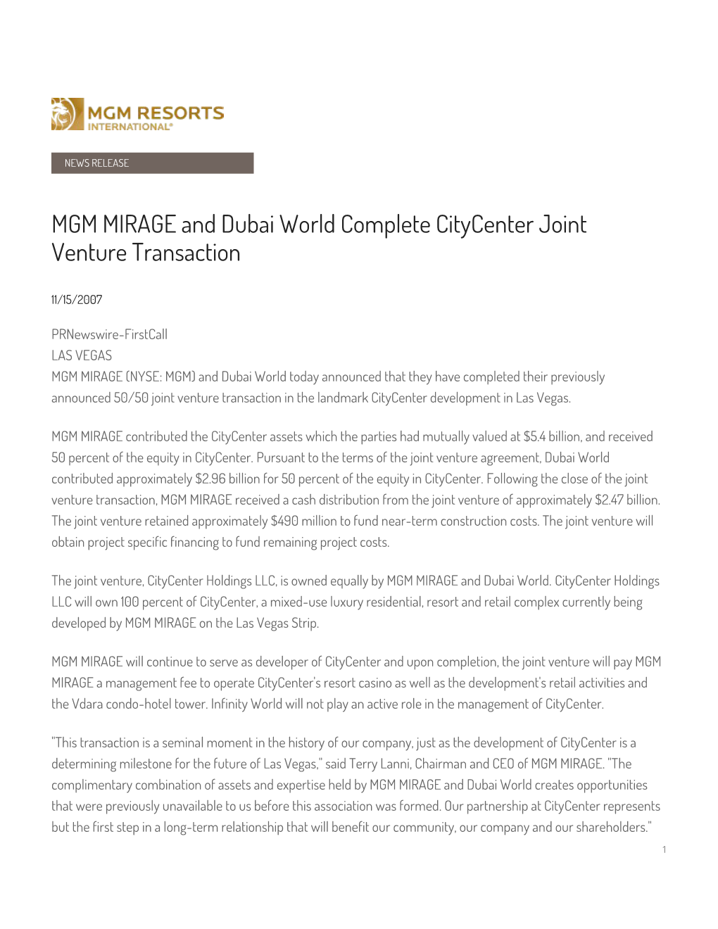 MGM MIRAGE and Dubai World Complete Citycenter Joint Venture Transaction