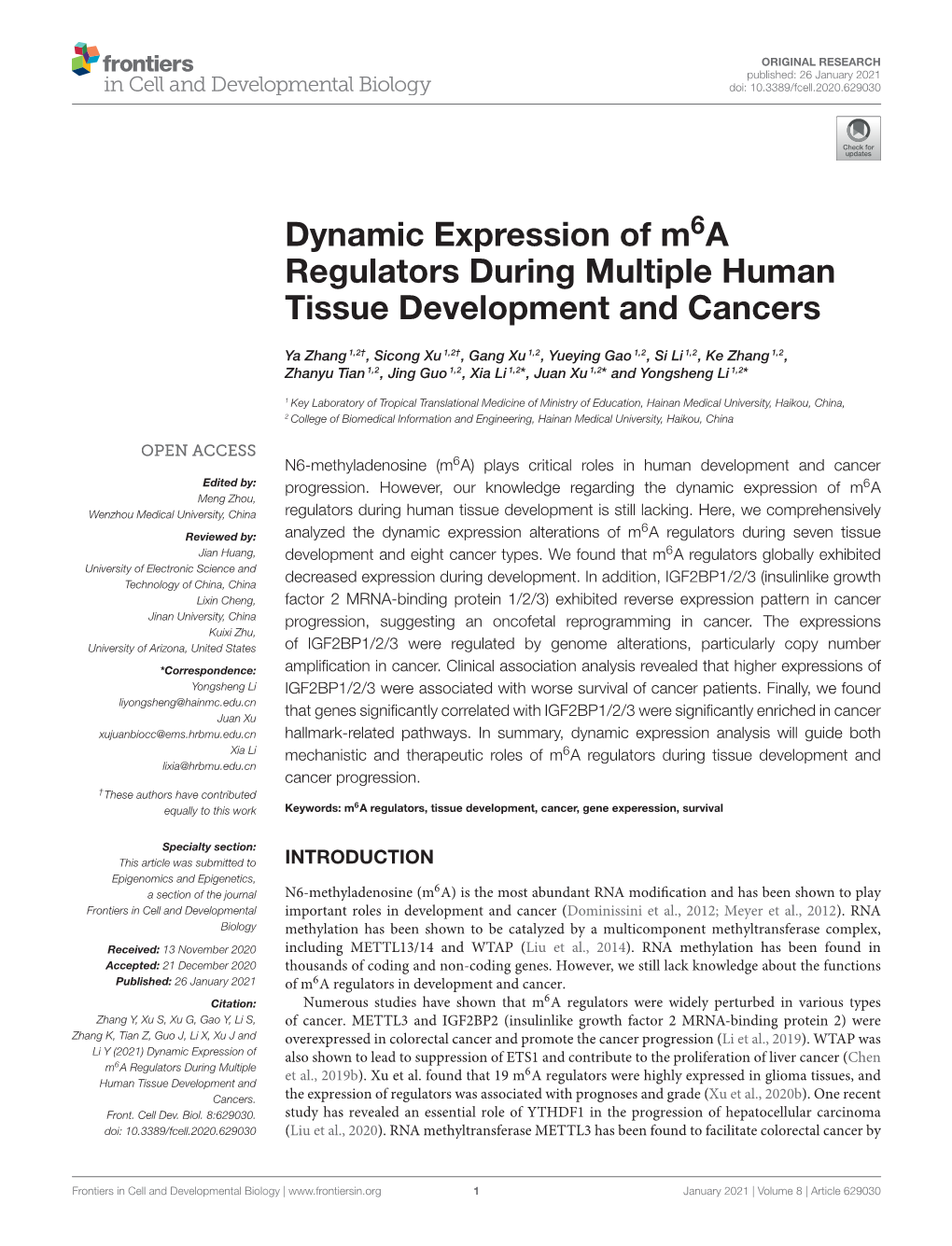 Dynamic Expression of M6a Regulators During Multiple Human Tissue Development and Cancers