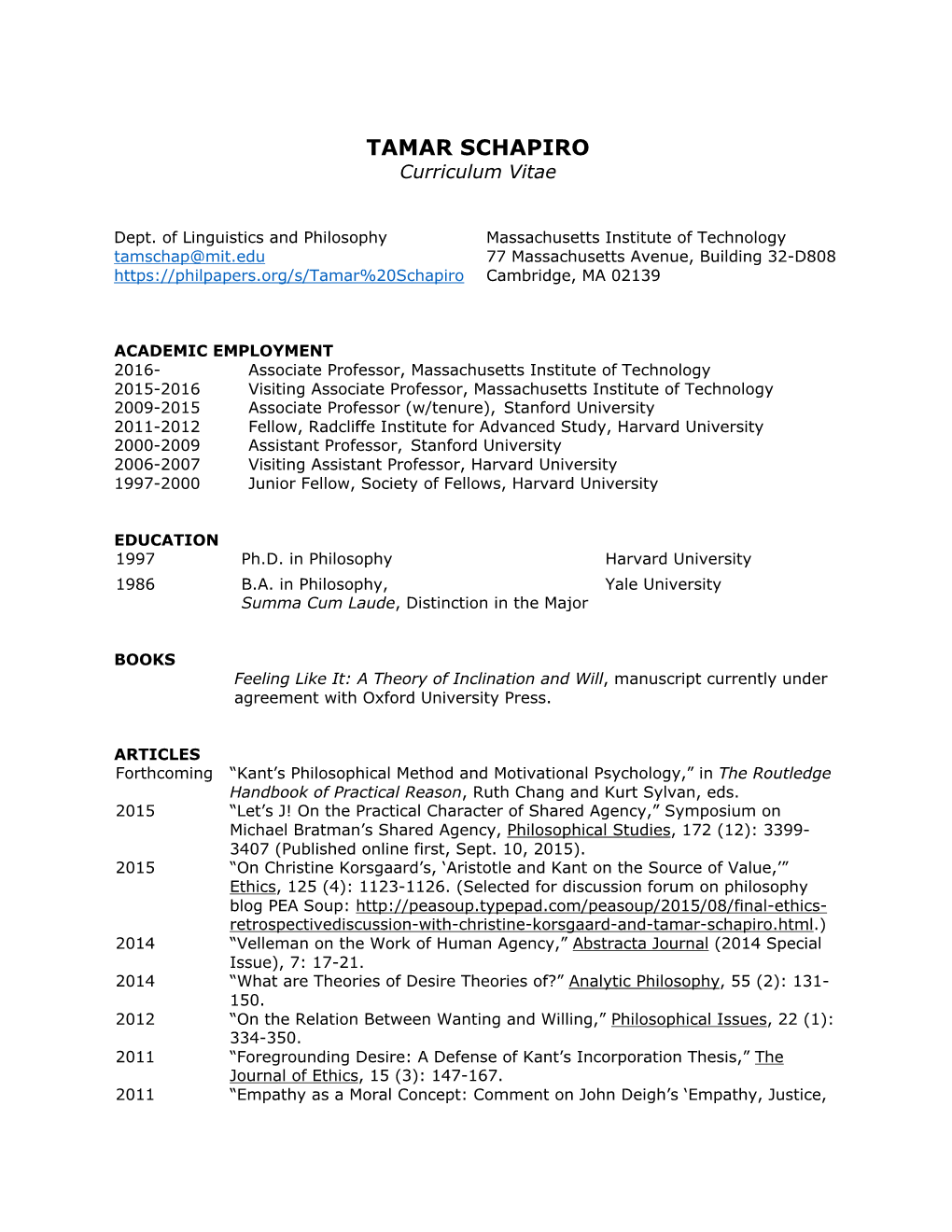 TAMAR SCHAPIRO Curriculum Vitae