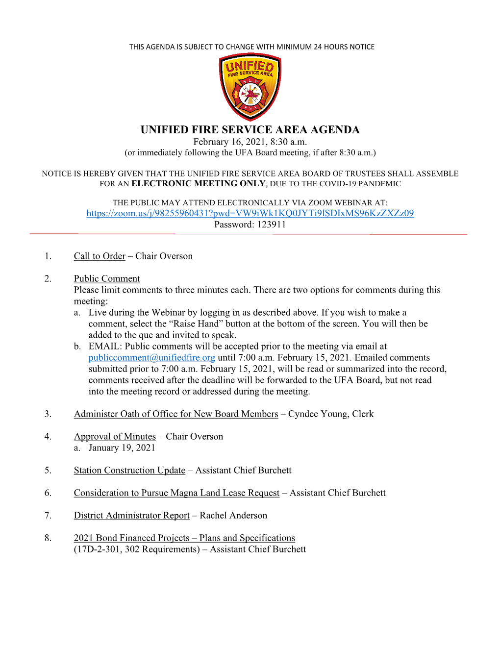 UNIFIED FIRE SERVICE AREA AGENDA February 16, 2021, 8:30 A.M