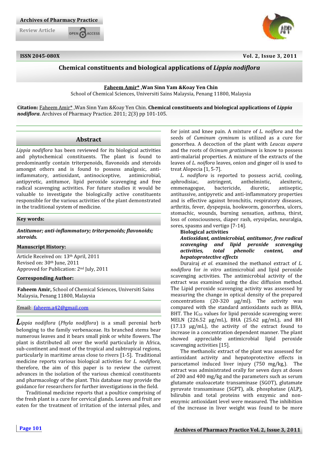 Chemical Constituents and Biological Applications of Lippia Nodiflora