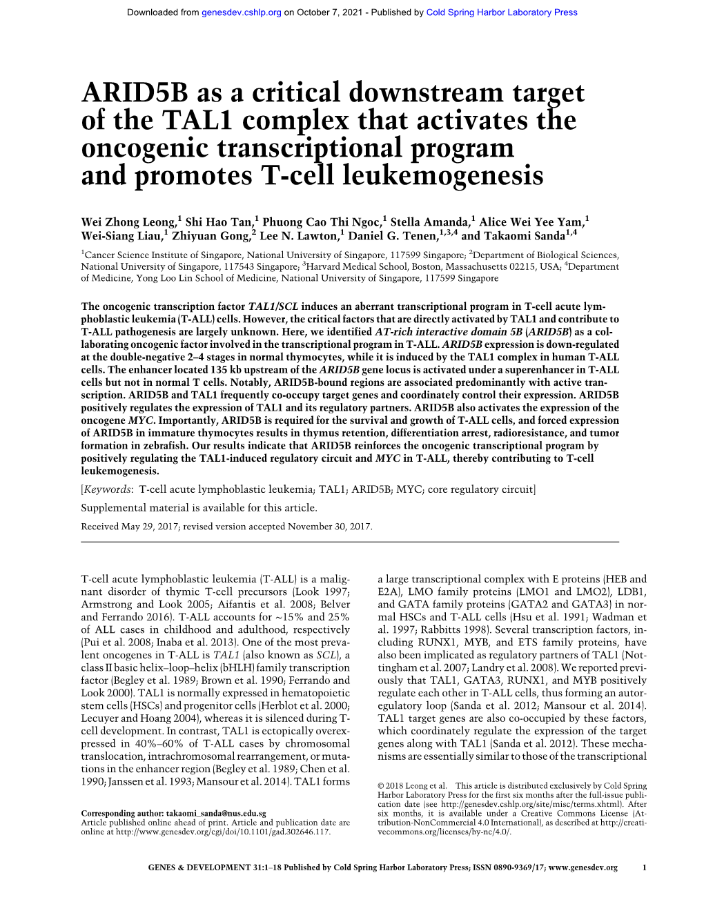 ARID5B As a Critical Downstream Target of the TAL1 Complex That Activates the Oncogenic Transcriptional Program and Promotes T-Cell Leukemogenesis