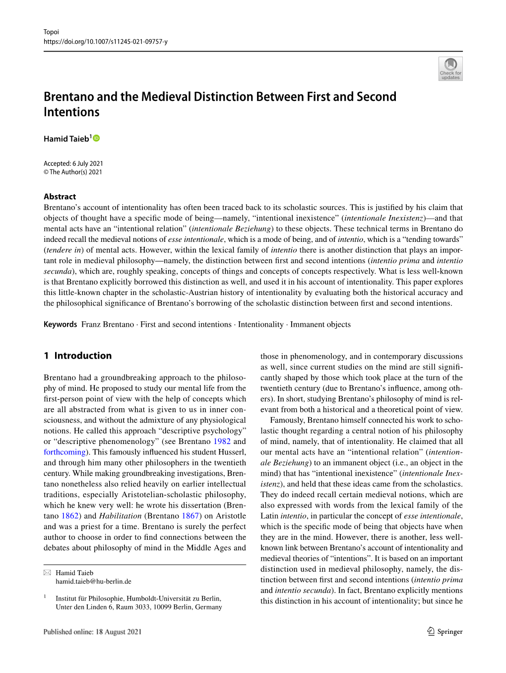 Brentano and the Medieval Distinction Between First and Second Intentions