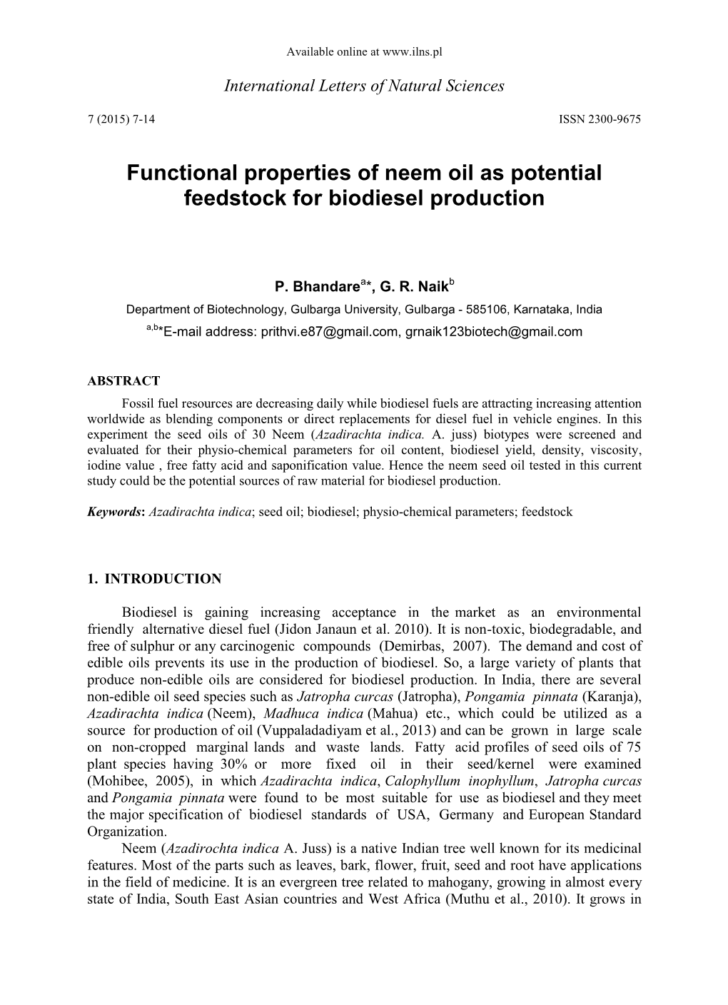 Functional Properties of Neem Oil As Potential Feedstock for Biodiesel Production