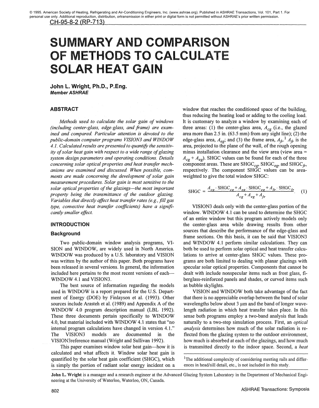 SUMMARY and COMPARISON of METHODS to CALCULATE SOLAR HEAT Gain