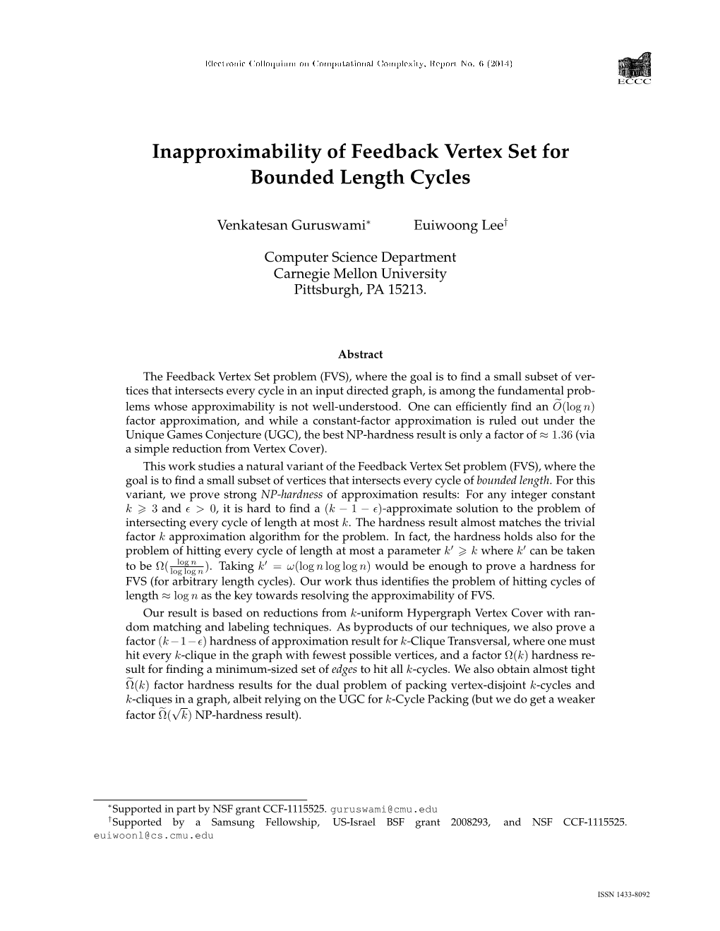 Inapproximability of Feedback Vertex Set for Bounded Length Cycles