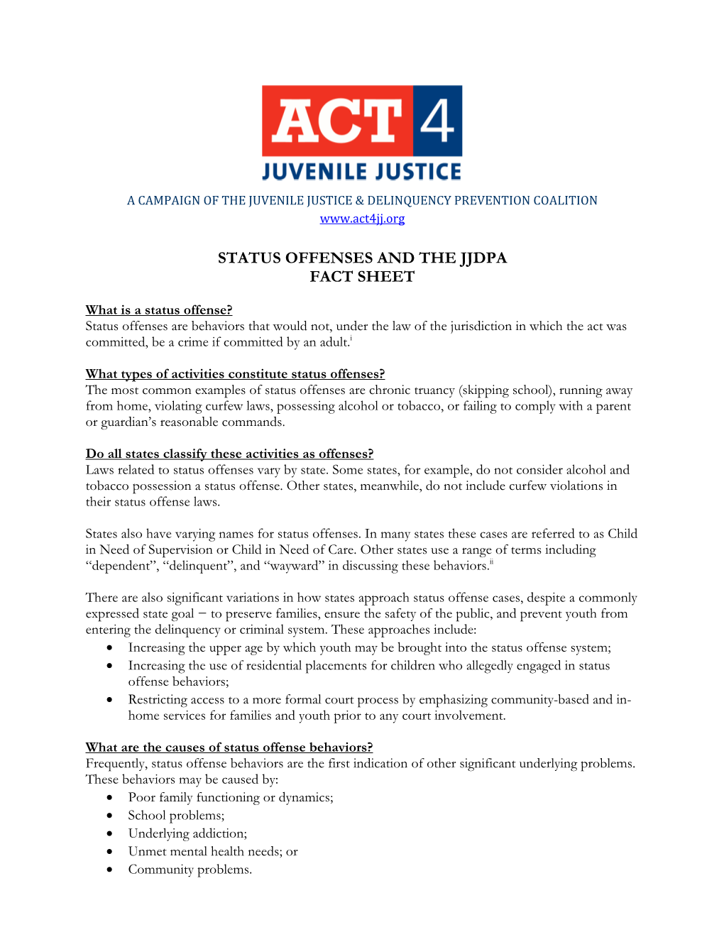 Status Offenses and the Jjdpa Fact Sheet
