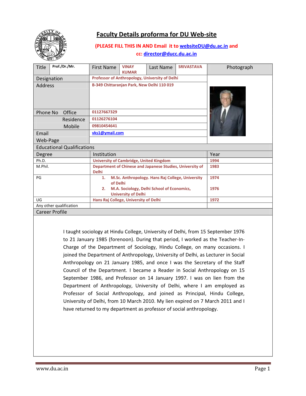 Faculty Details Proforma for DU Web-Site