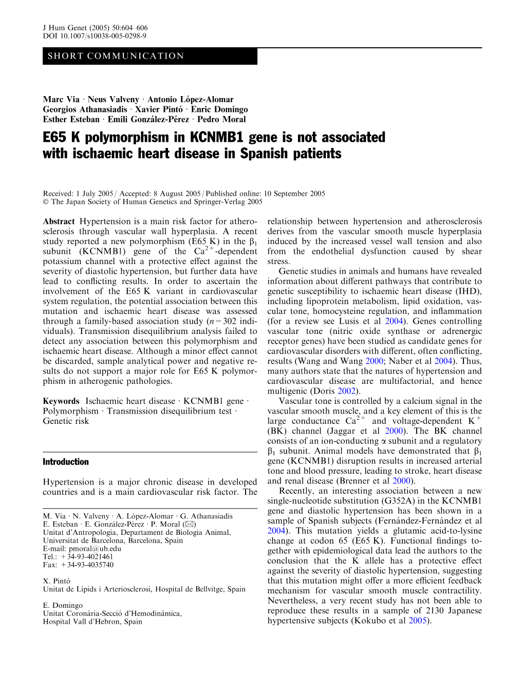 E65 K Polymorphism in KCNMB1 Gene Is Not Associated with Ischaemic Heart Disease in Spanish Patients